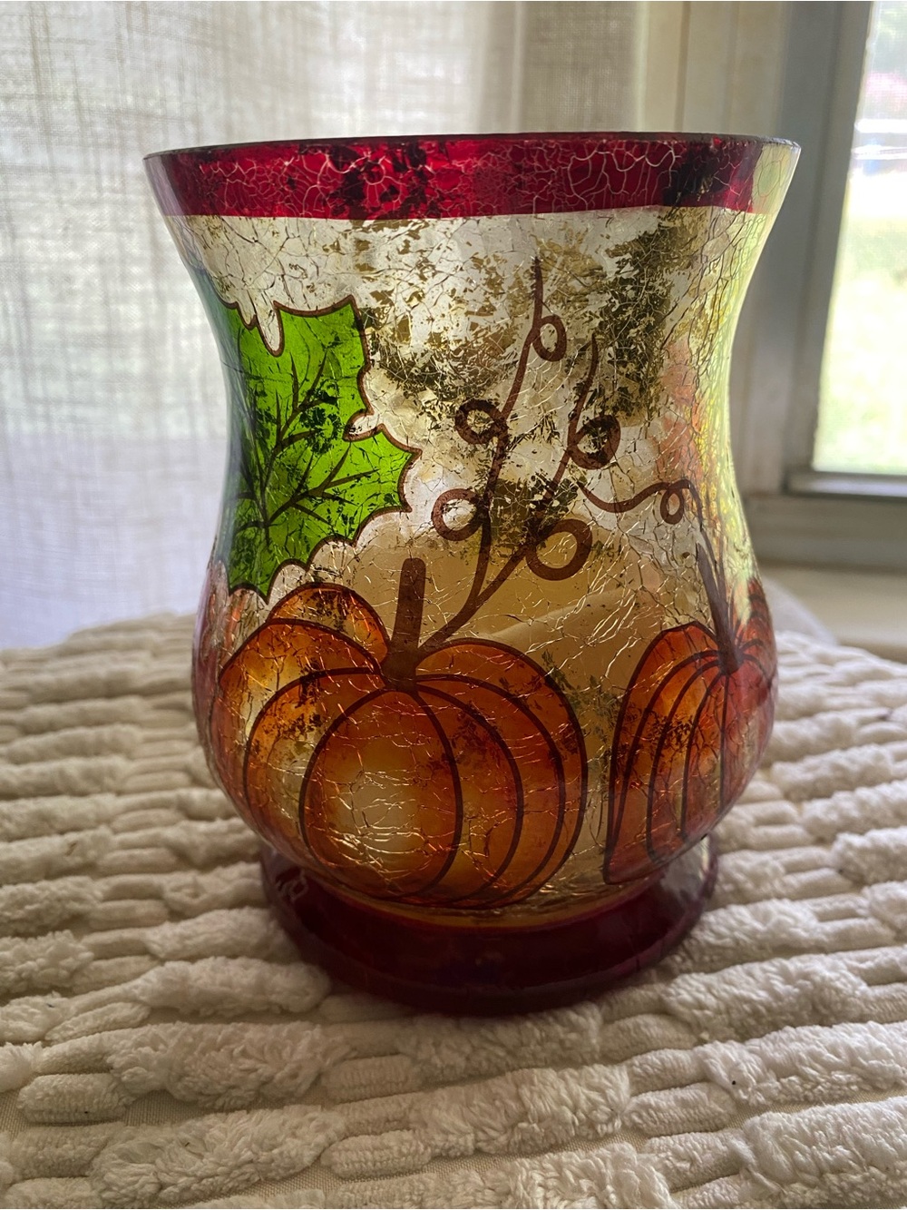 Pier 1 Autumn Pumpkin Crackle Glass Candle Holder - Red, Orange, Green, Gold